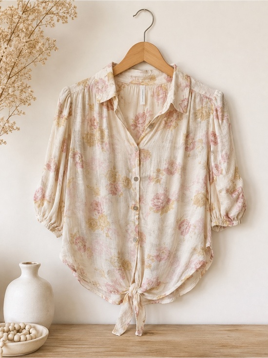 Tops - Free People Celia Printed Floral Blouse Ivory Pink Tie Front Puff Sleeve S